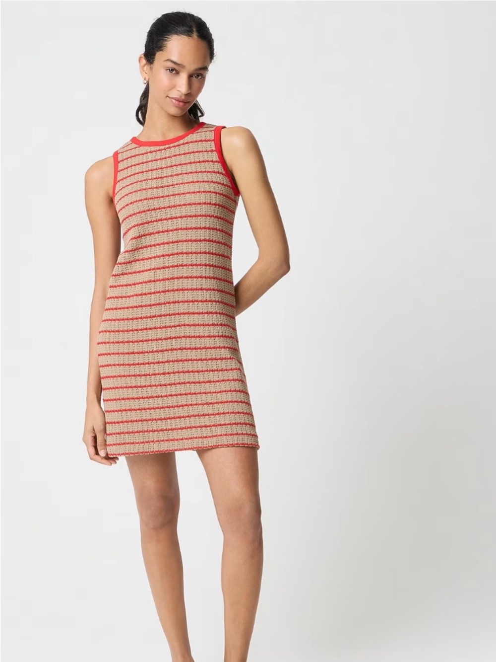 J. Crew Factory Sleeveless Red-Trim Striped Crochet Mini Dress